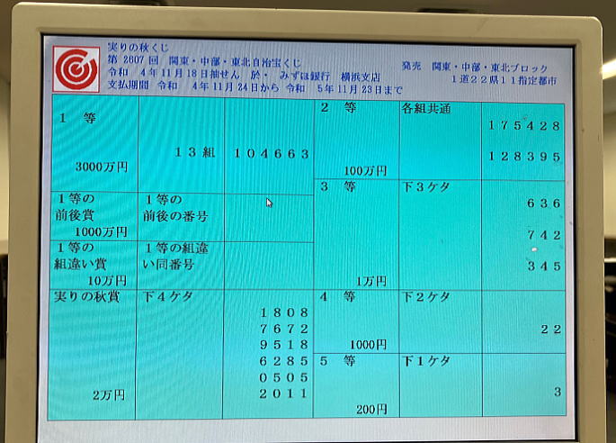 2022年11月18日(金)抽選 第2607回関・中・東当選番号結果
